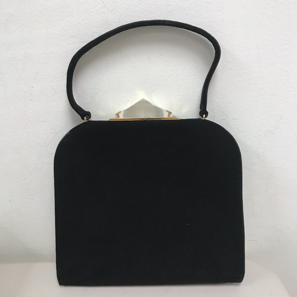 Koret black suede lucite dress bag purse Vintage gold accents party